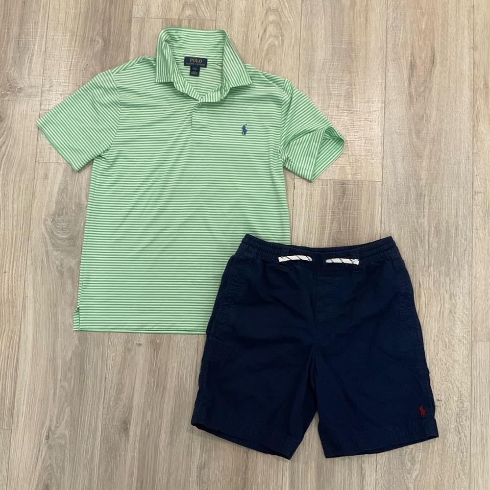 Polo Ralph Lauren Green Striped Polo Shirt and Navy Shorts Set